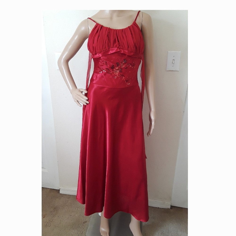 Narianna Red Silk/Satin Beaded Prom Dress